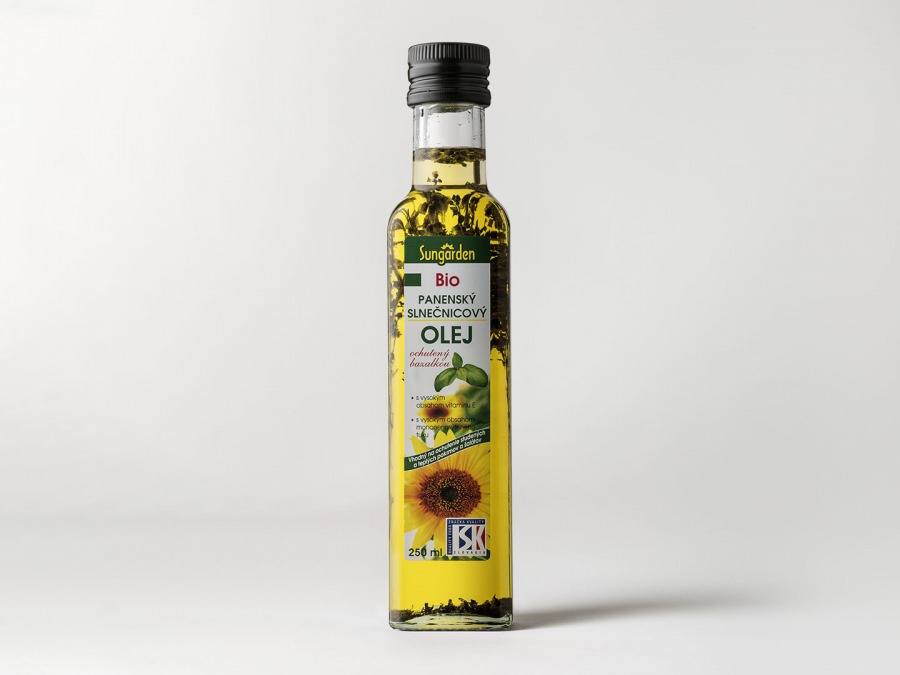 Sungarden BIO panenský slnečnicový olej ochutený bazalkou, 250 ml 